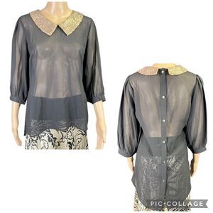 BKE Boutique Small Sheer Chiffon Blouse Sequin Collar Black Gold Y2K Revival
